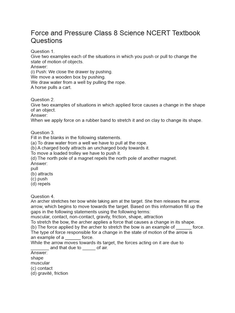 Class 8 Force and Pressure Exercises | PDF | Force | Archery
