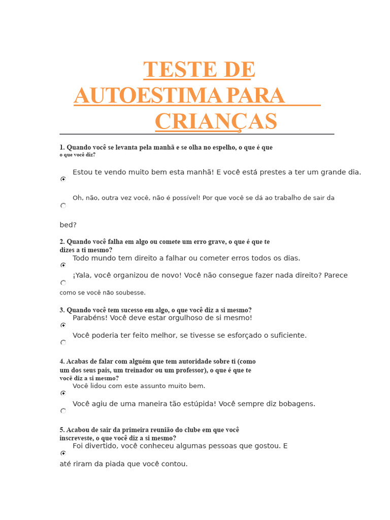 Teste de Autoestima para Adolescentes | PDF | Piadas | Autoestima