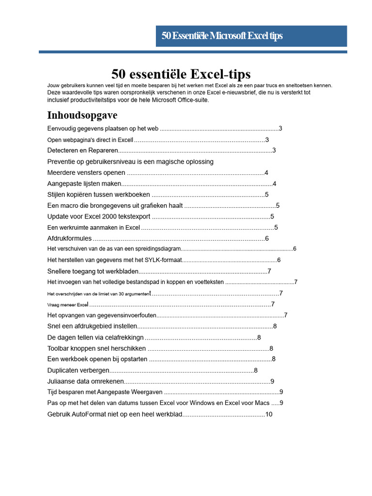 50 Essentiële Excel Tips | PDF