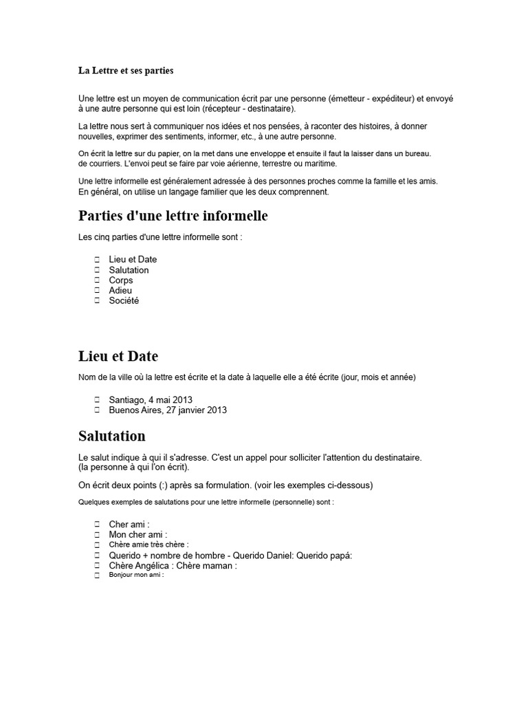 Parties d'une lettre informelle expliquées | PDF | Verbe | Nombre ...