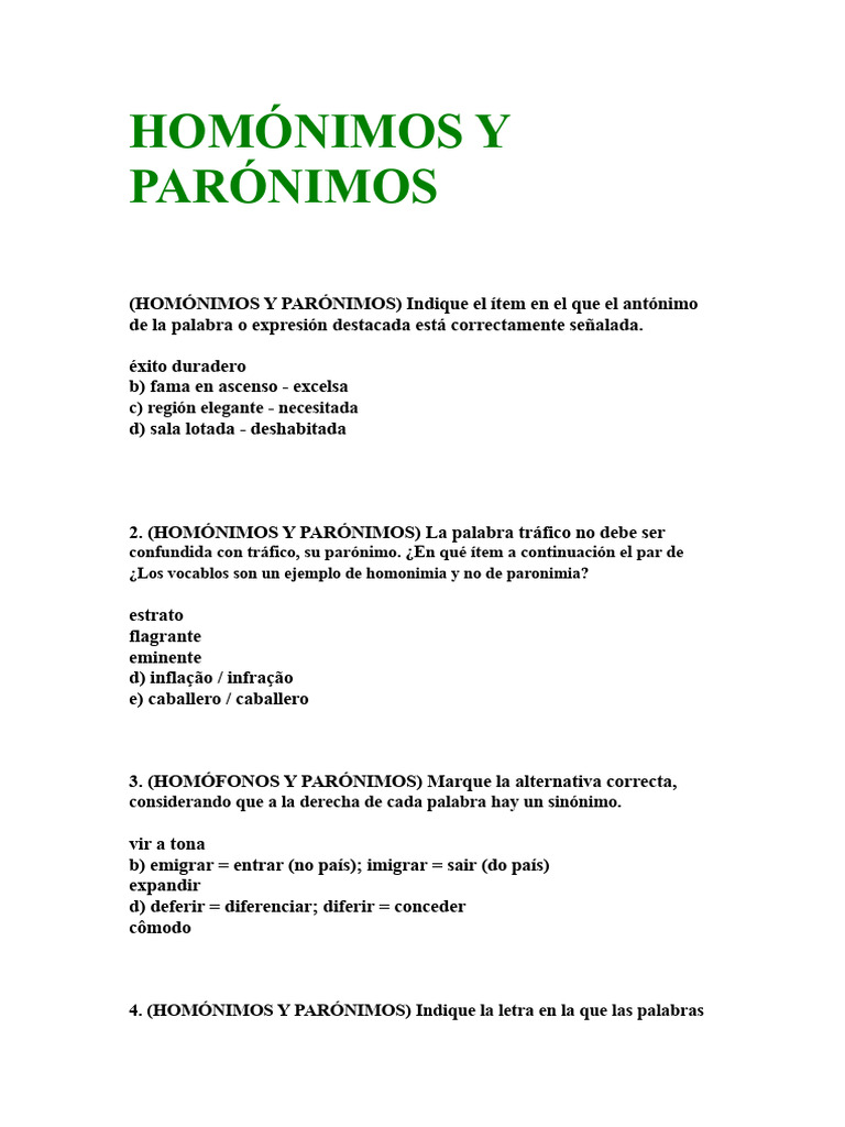 Homónimos y Parónimos: Ejercicios y Respuestas | PDF | Semántica léxica ...