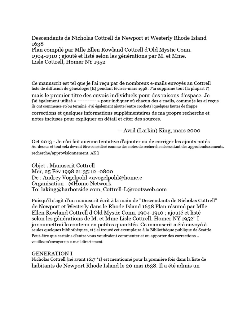 Généalogie des Cottrell de Rhode Island | PDF