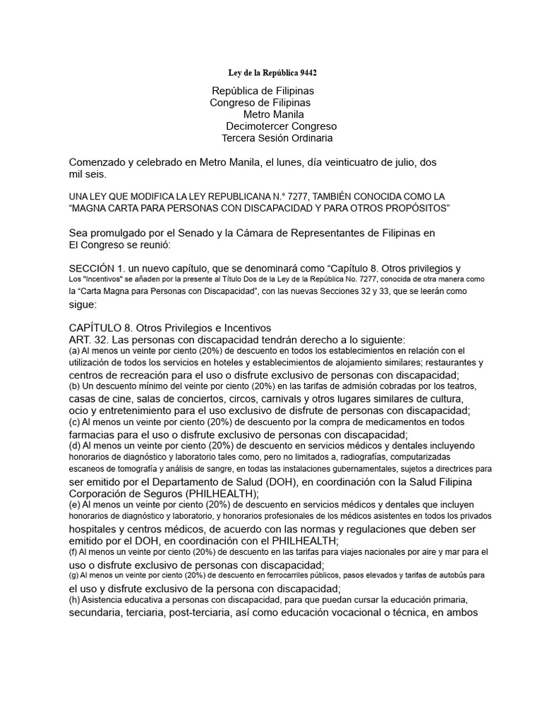 RA 9442, 2008 - Una Ley Que Modifica La Carta Magna para Personas Con ...