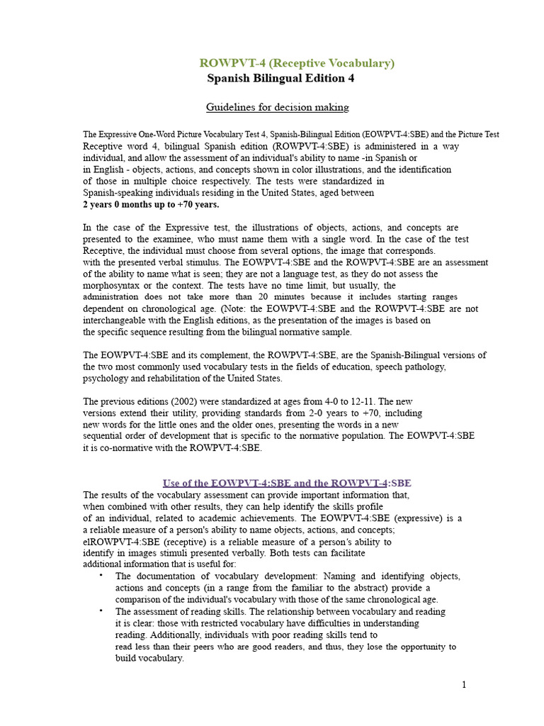 ROWPVT-4 Scoring Manual Overview | PDF | Vocabulary | Aphasia