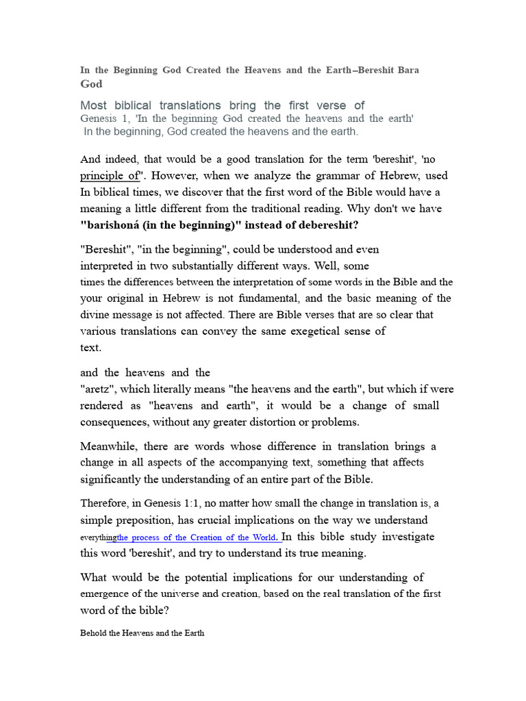 In The Beginning, God Created The Heavens and The Earth. | PDF ...