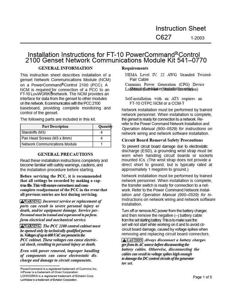 FT-10 PowerCommand Control Installation | PDF | Battery Charger ...