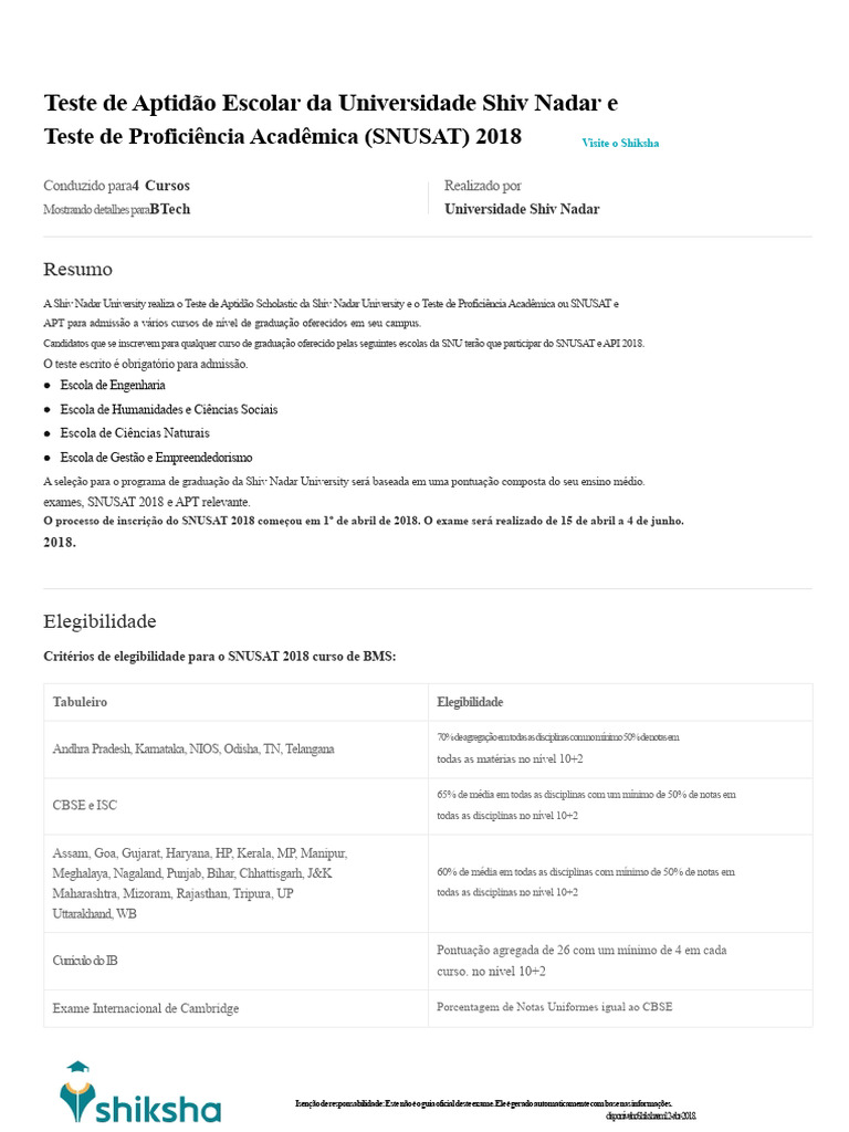 SNUSAT 2018: Teste de Admissão SNU | PDF | Matemática | Física