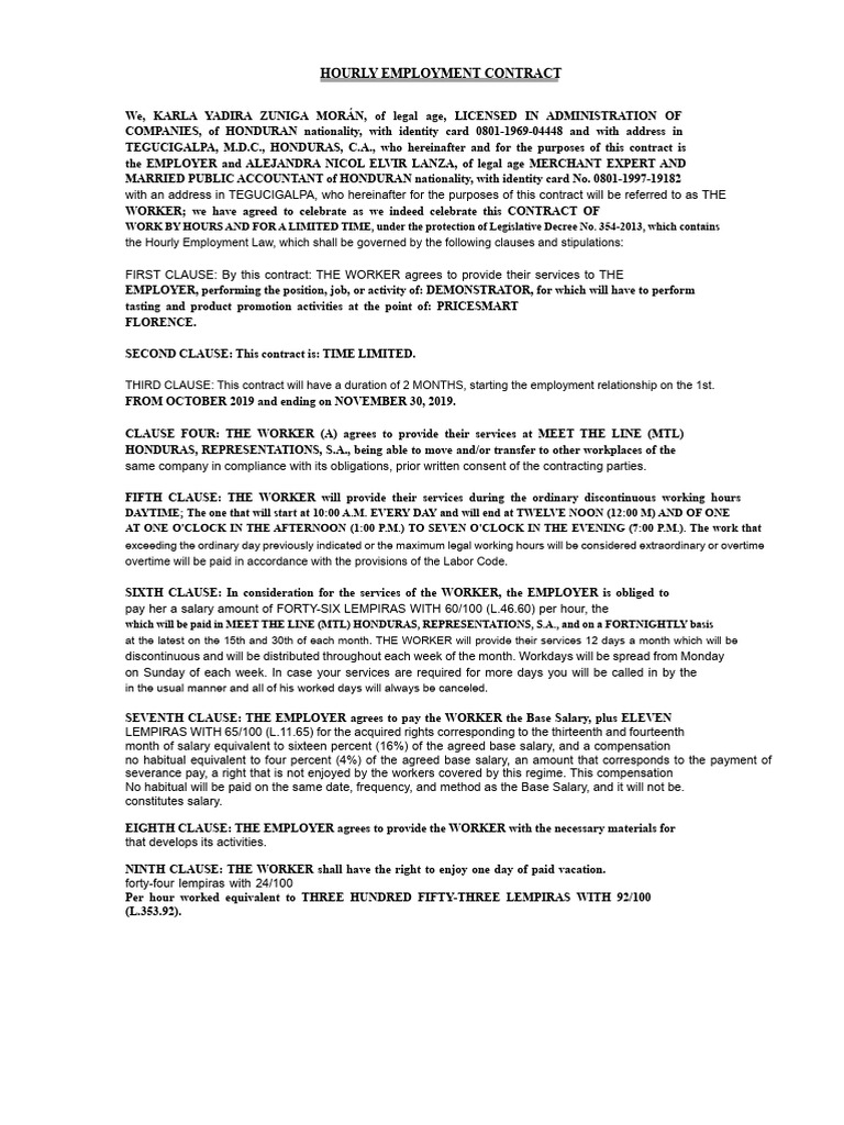 Hourly Employment Contract Template | PDF | Labour Law | Employment