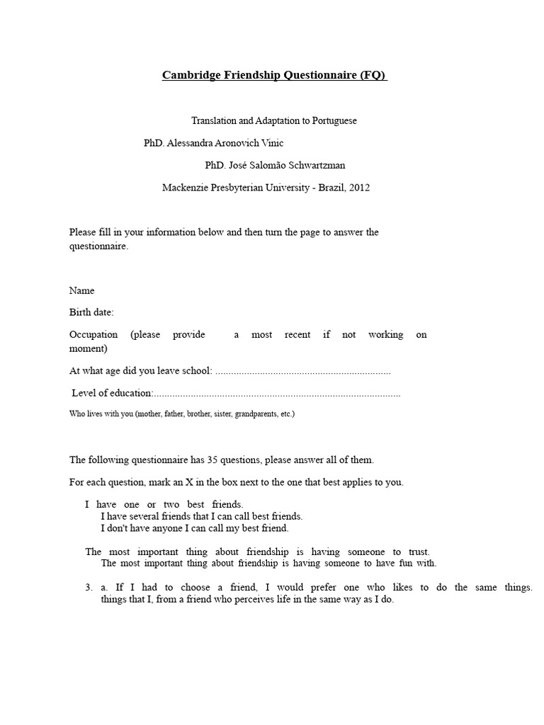 Cambridge Friendship Questionnaire FQ | PDF | Questionnaire | Social ...
