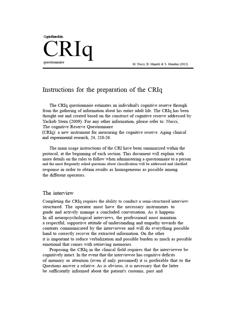 CRIq Questionnaire Instructions | PDF | Behavioural Sciences ...