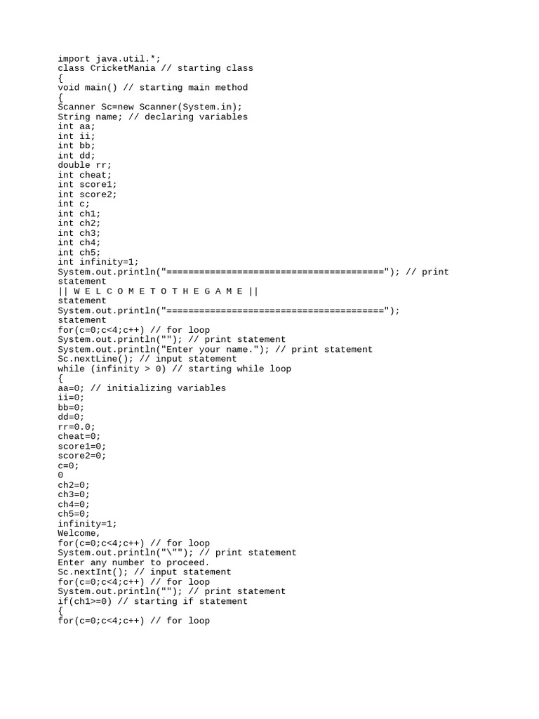 Cricket Mania Game Code in Java | PDF | Control Flow | Programming ...