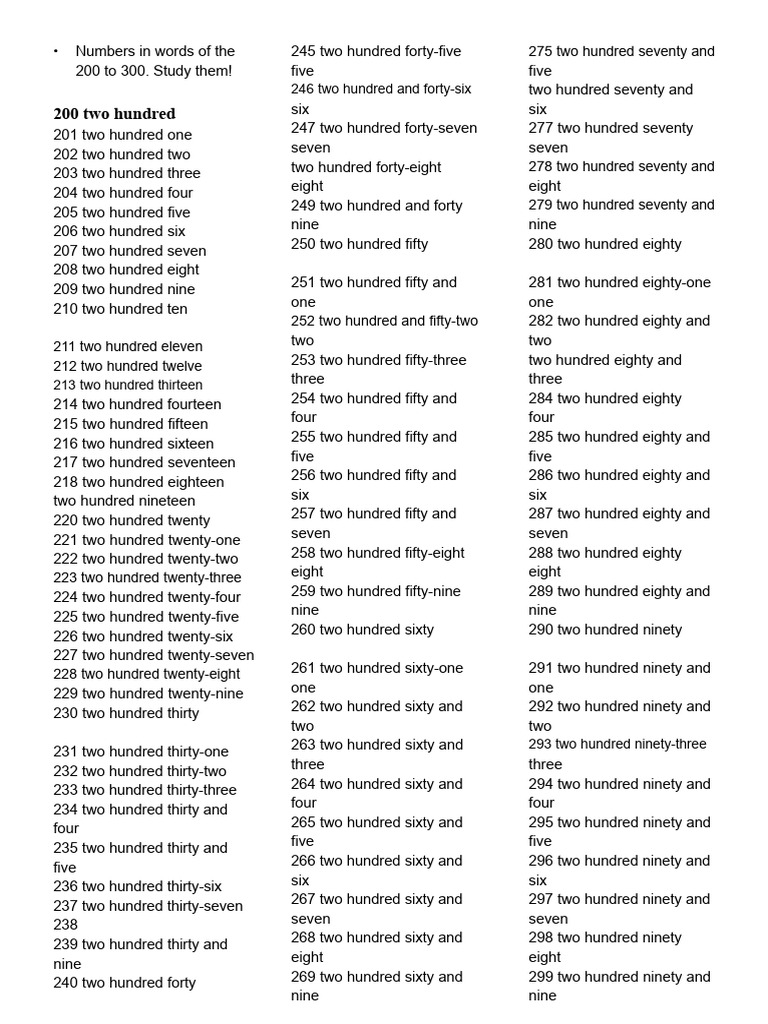 Number Words from 200 to 300 | PDF