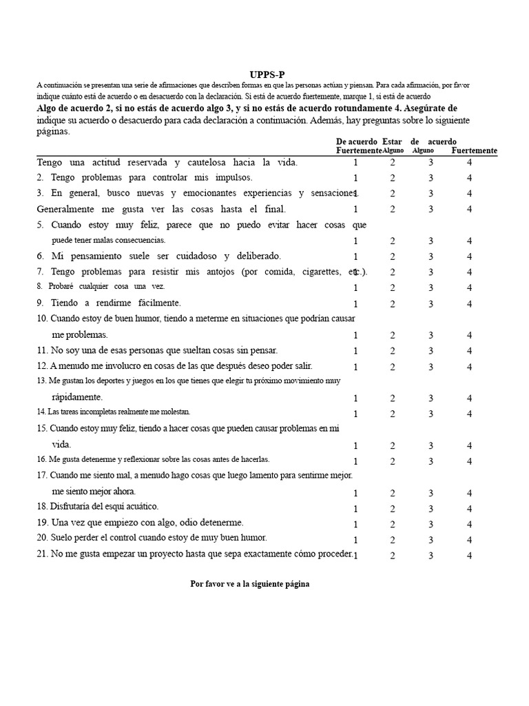 Escala UPPS-P: Evaluación Impulsiva | PDF