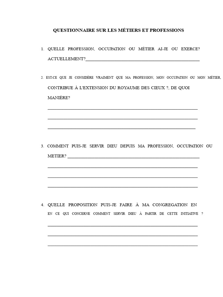 Questionnaire sur les Métiers et la Foi | PDF