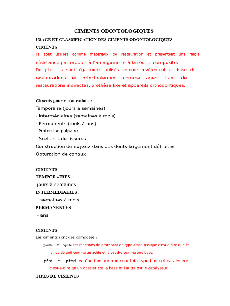 Classification et usage des ciments dentaires | PDF | Zinc | Ciment