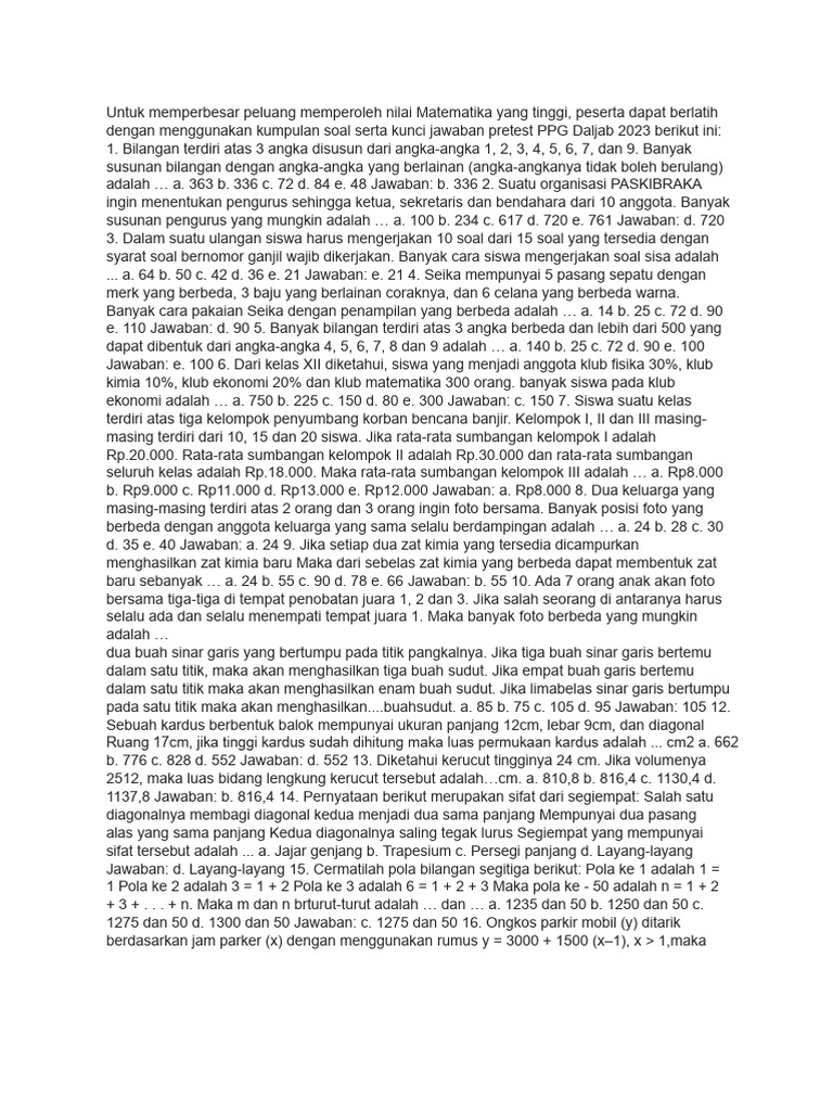 Soal Pretest PPG Daljab 2023 Matematika | PDF