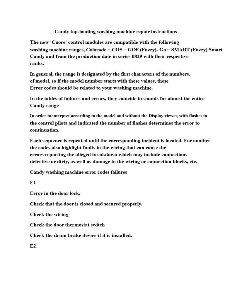 Candy Washing Machine Error Codes Guide | PDF | Washing Machine ...