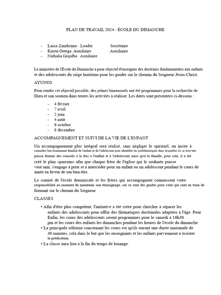 Plan de Travail 2024 École du Dimanche | PDF