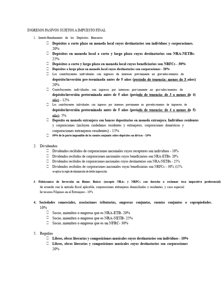Ingresos Pasivos Sujetos A Impuesto Final | PDF | Impuestos | Interés