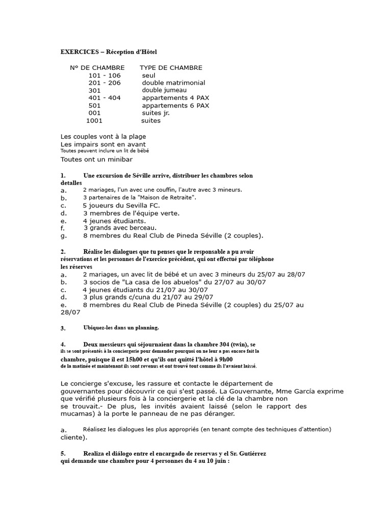 Exercices de Réception d'Hôtel | PDF | Cuisine | Repas