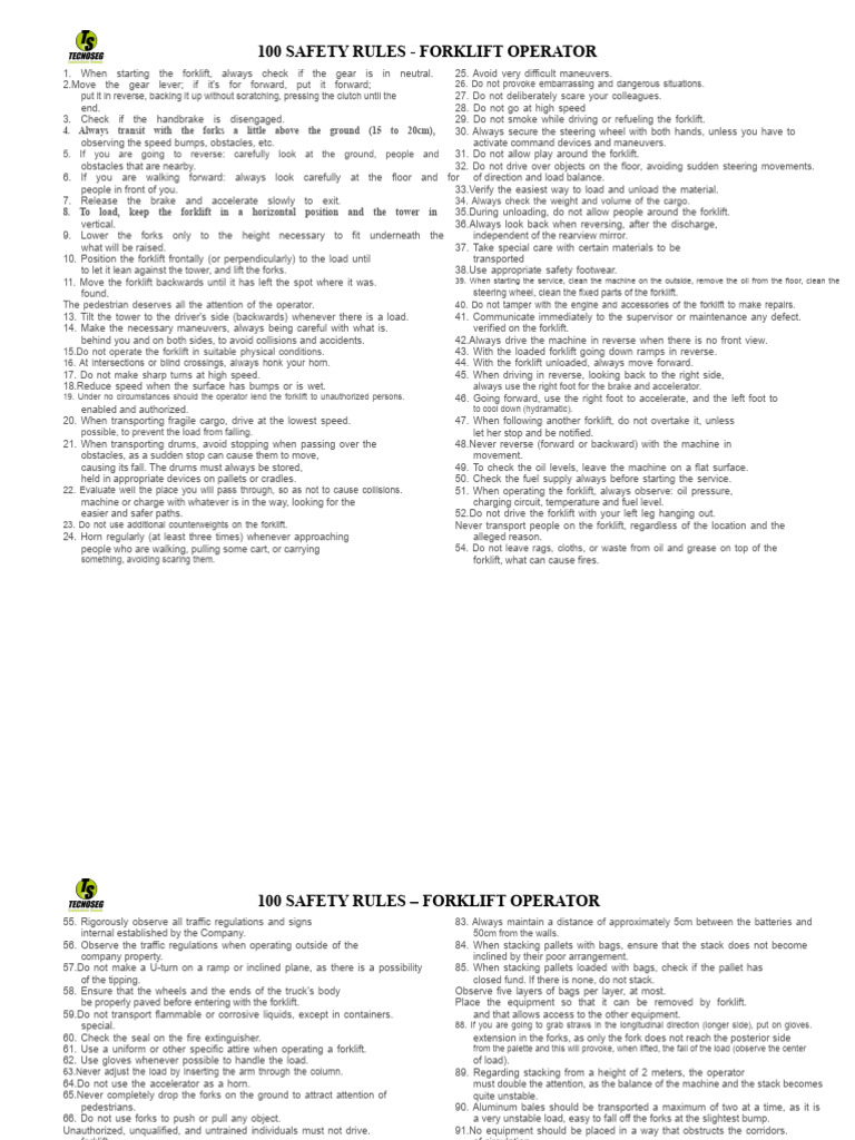 100 Essential Forklift Safety Rules | PDF | Forklift | Vehicles