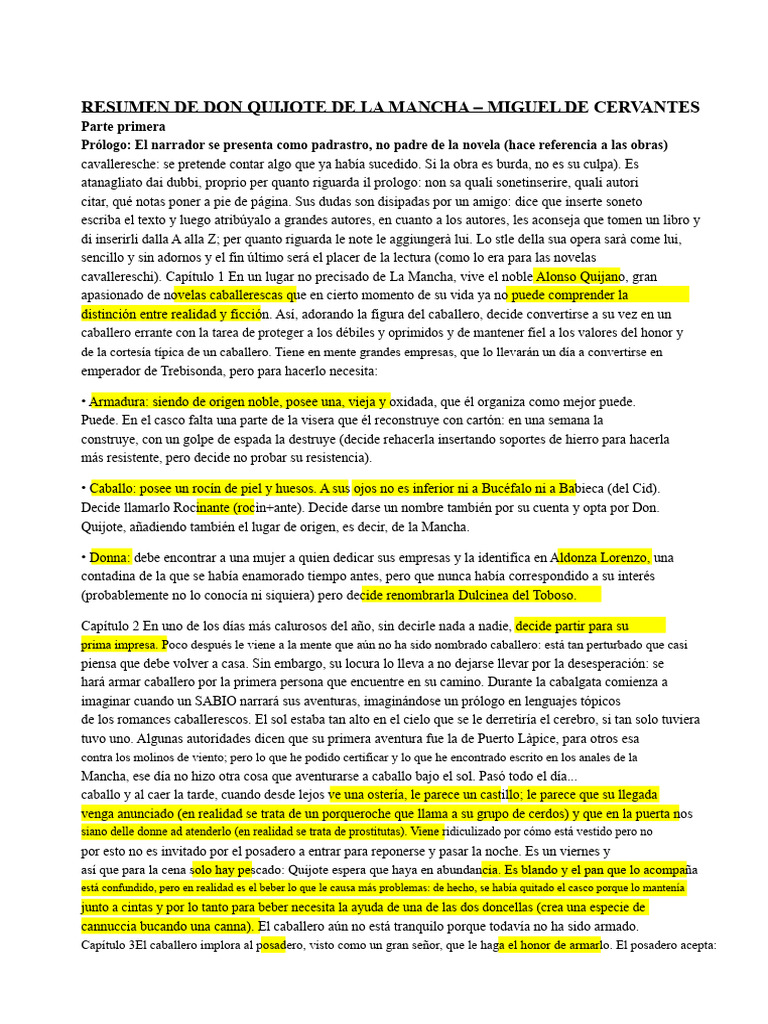 Resumen de Don Quijote de la Mancha | PDF | Don Quijote | Caballero