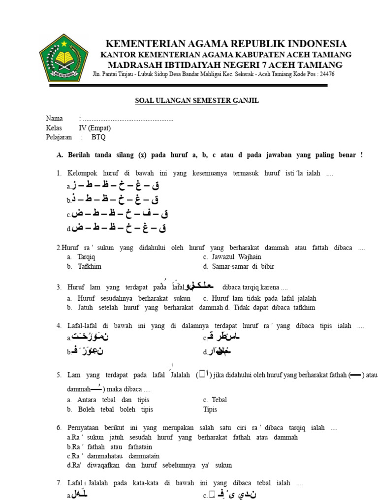 Soal Ujian Btq Kelas 4 Min 7 Atam Ganjil Novi Pdf
