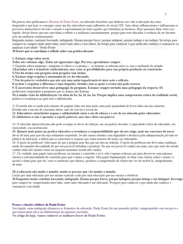 Frases Inspiradoras de Paulo Freire | PDF | Liberdade | Pensamento