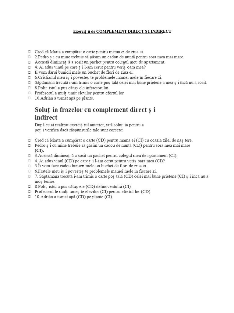 Exerciții de Complement Direct Și Indirect | PDF