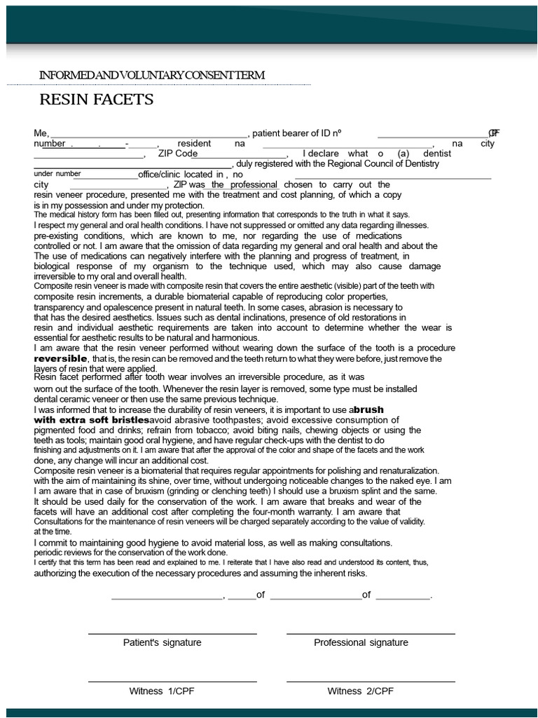 Consent for Composite Resin Veneers | PDF | Dentistry | Dentistry Branches