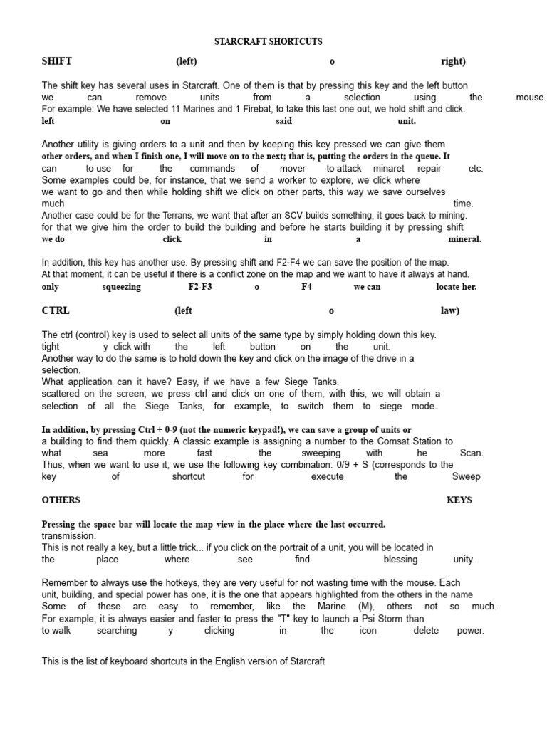 Starcraft Keyboard Shortcuts Guide | PDF | Keyboard Shortcut | Computing
