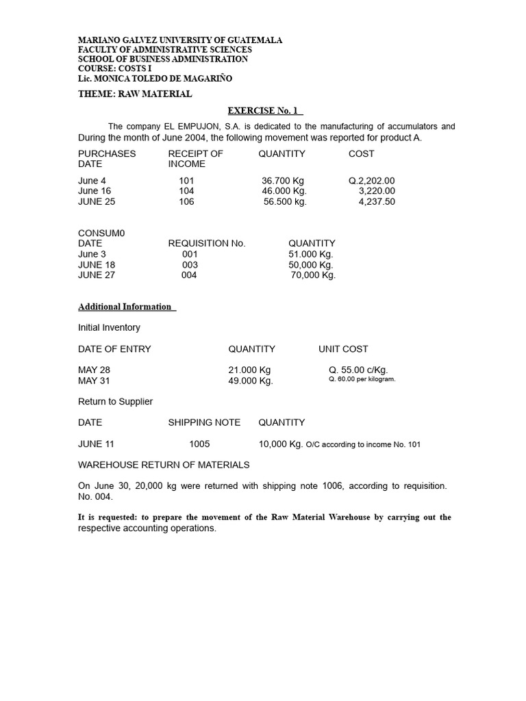 Raw Material Accounting Exercises | PDF