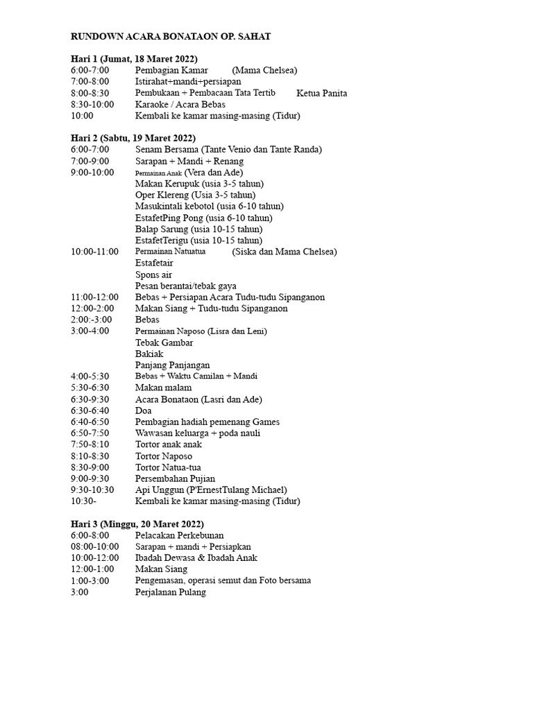 Rundown Acara Bonataon Op. Sahat 2022 | PDF