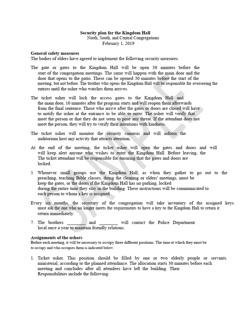 Kingdom Hall Security Plan Overview | PDF | Emergency Evacuation