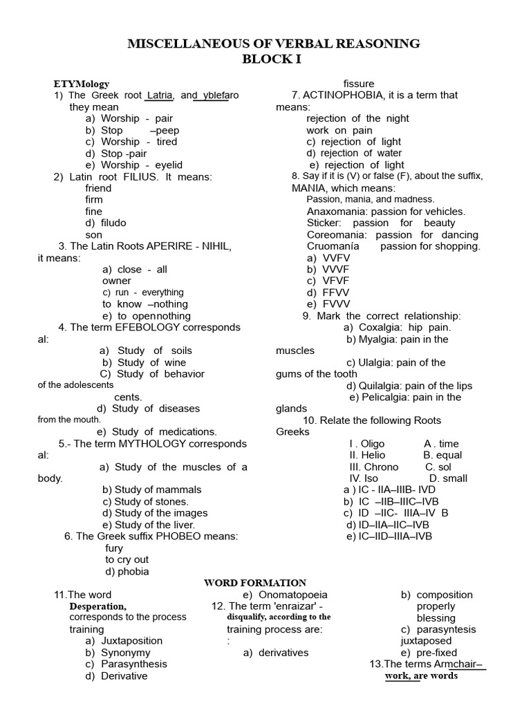 Verbal Reasoning and Etymology Exercises | PDF