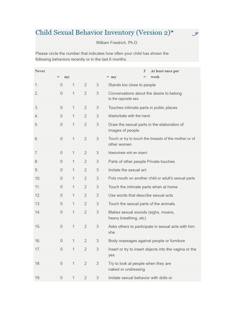Child Sexual Behavior Assessment Tool | PDF | Human Sexuality | Human ...