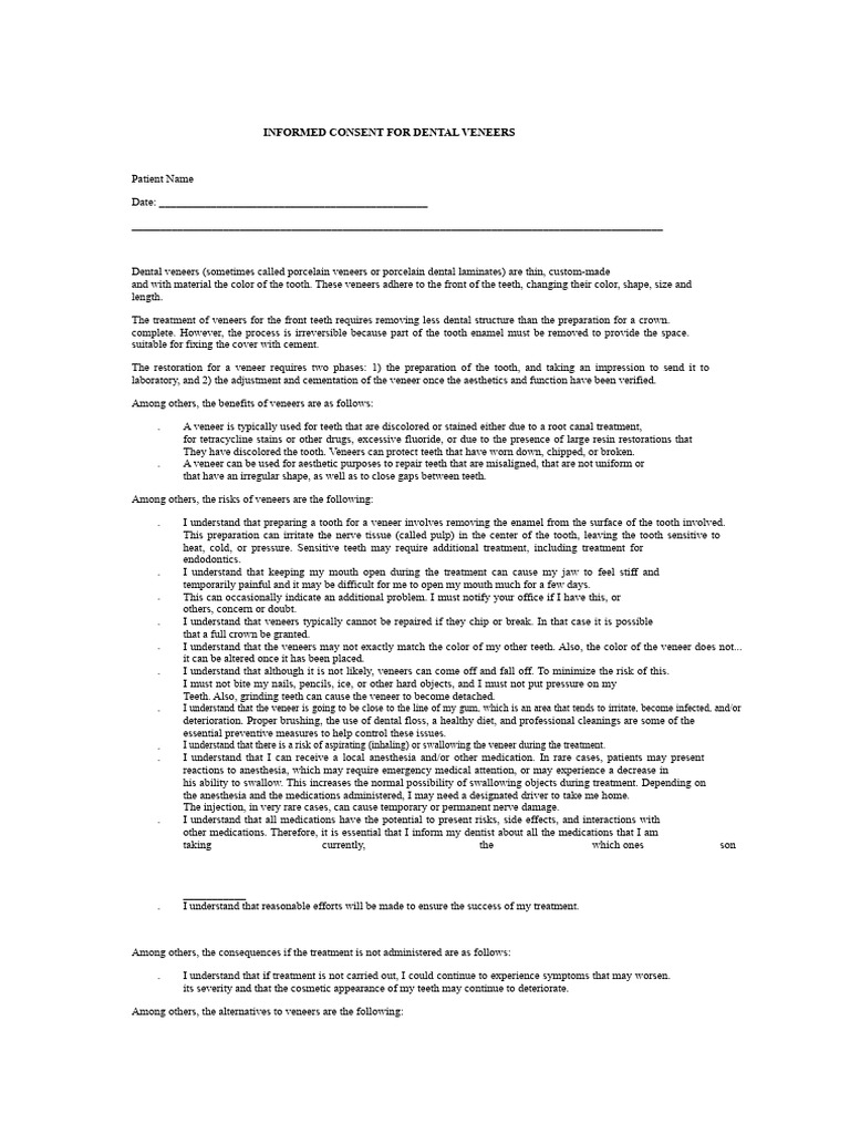Dental Veneers Informed Consent Form | PDF | Dentistry Branches | Dentistry