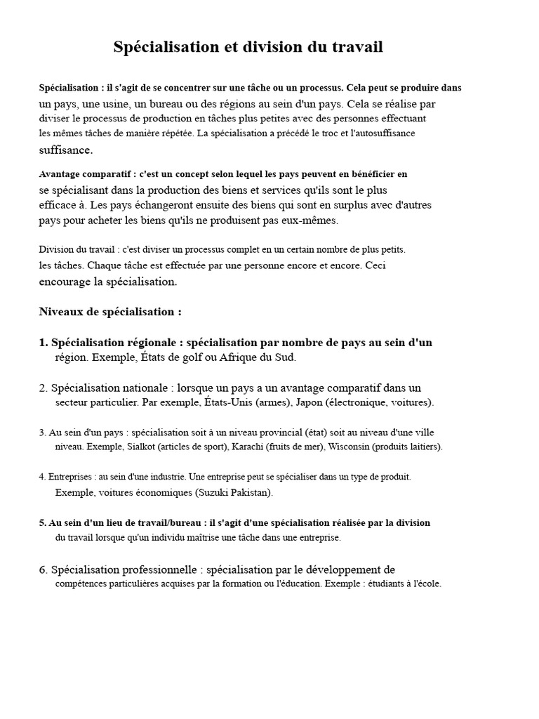 Spécialisation et division du travail expliquées | PDF | Avantage ...