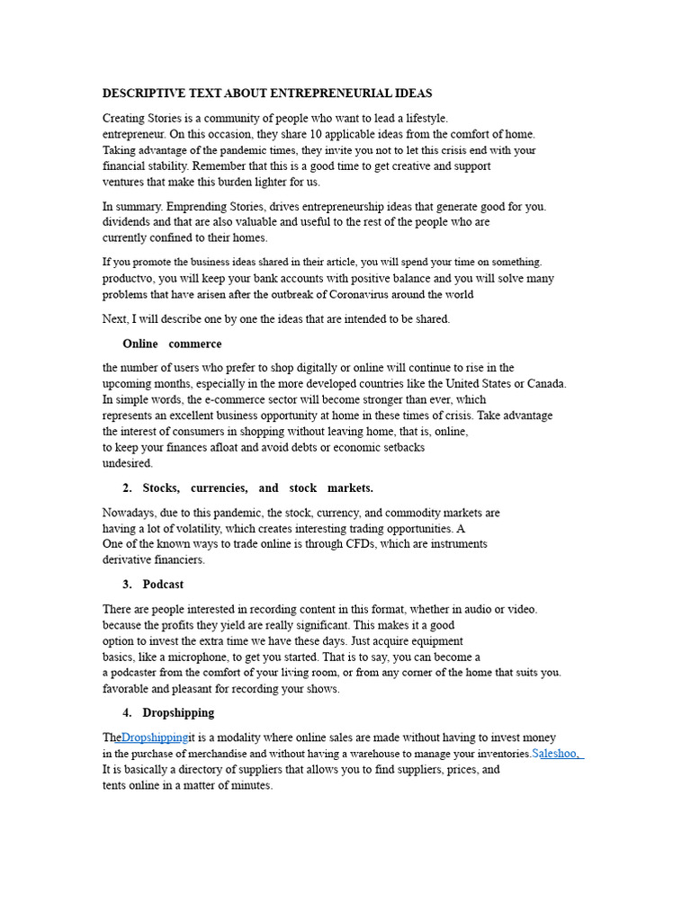 DESCRIPTIVE TEXT ABOUT ENTREPRENEURIAL IDEAS | PDF | Entrepreneurship ...