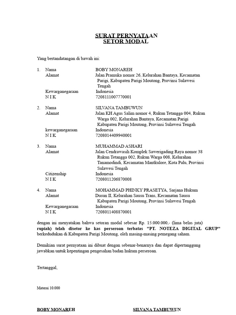 Surat Pernyataan Setor Modal PT Noteza | PDF