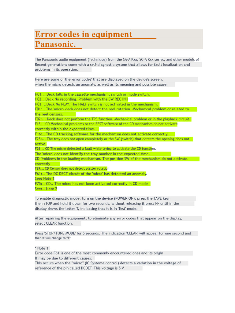 Panasonic Error Codes Explained | PDF | Electrical Network | Direct Current
