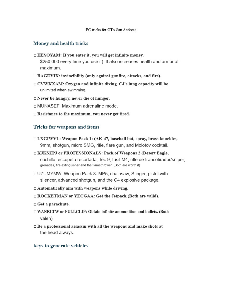 GTA San Andreas PC Cheat Codes Guide | PDF