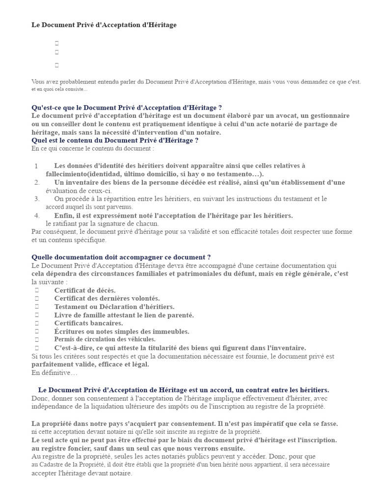 Document Privé d'Acceptation d'Héritage | PDF | Héritage | Impôts