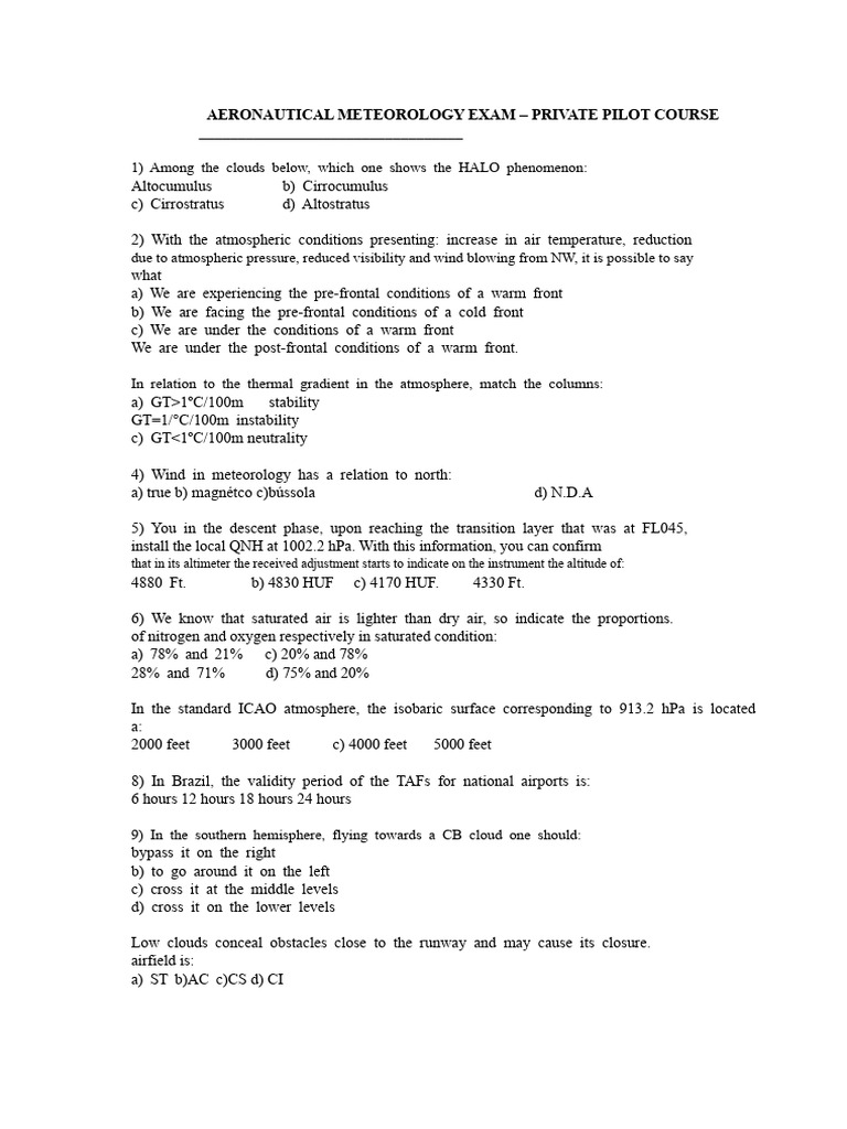 Aeronautical Meteorology Exam Guide | PDF | Meteorology | Gases