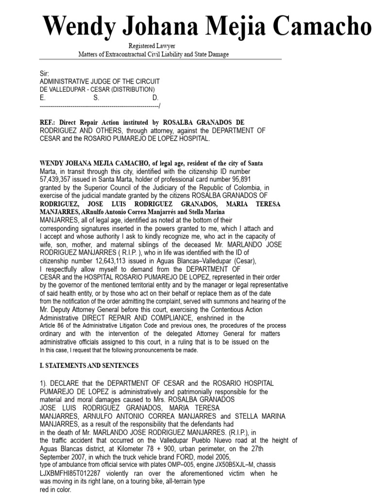 Demand For Extracontractual Civil Liability Traffic Accident PDF | PDF ...