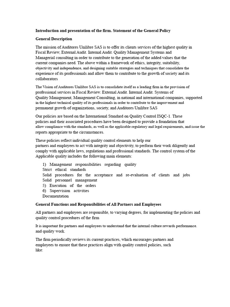 Auditores Unilibre SAS Quality Control Policies | PDF | Audit ...