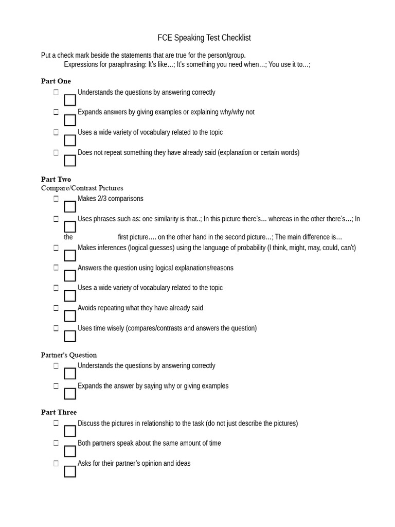 FCE Speaking Test Checklist | PDF | Human Communication | Epistemology