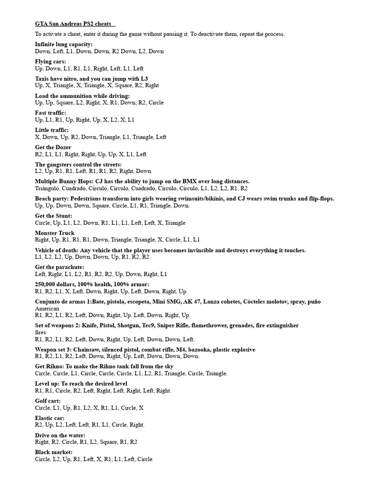 GTA San Andreas PS2 Cheat Codes Guide PDF 1