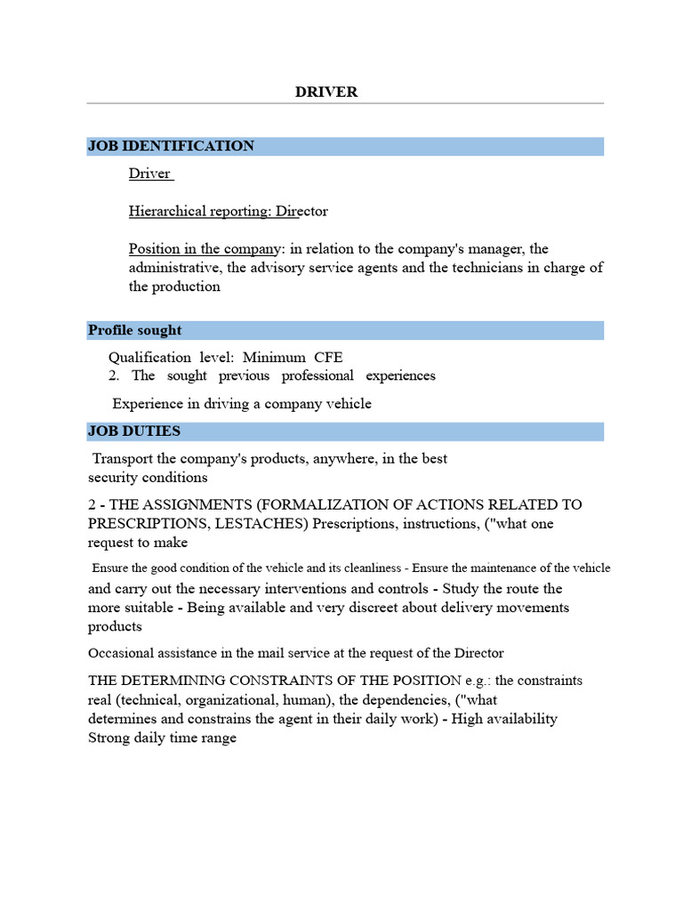 Driver Job Description and Responsibilities | PDF