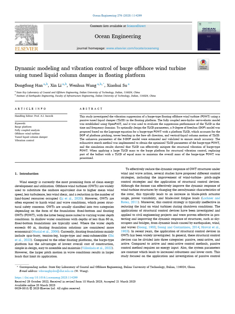 Dynamic Modeling and Vibration Control of Barge Offshore Wind Turbine ...